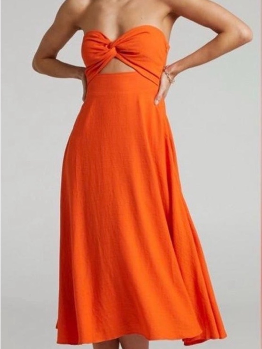Showpo Orange Strapless Twist Midi Dress